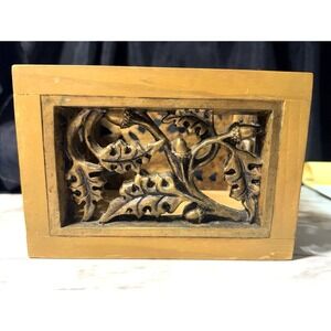 Heavy Solid Wood Decorative Box w/ Carved Acorn & Oak Leaf Panels 6×5×4.5 (2757)